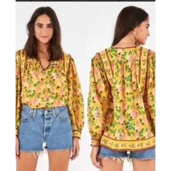 Farm Rio S Mini Cashew V-Neck Boho Casual Blouse Vibrant Lightweight Cotton - Picture 4 of 9